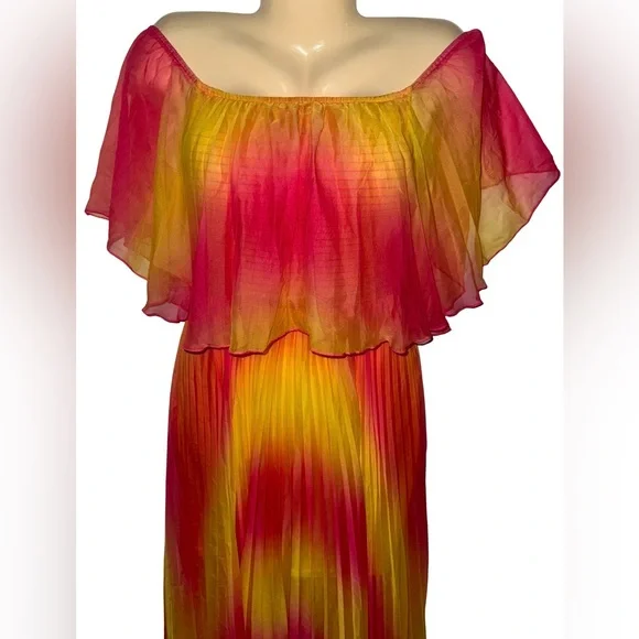 AKIRA Off-Shoulder Tie-Dye Flowy Maxi Dress in Pink & Yellow - Picture 3 of 6